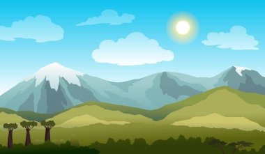 Afrika safarisi düz vektör bayrağı konsepti. Güzel doğa manzarası. Tropik turizm, egzotik eğlence afişi. Vahşi Afrika, safari, Savannah Illustrasyon 'da öğle vakti