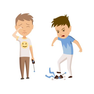 Çocuklar zorbalık yapıyor. Çocuklar arasındaki çocuksu zorbalar ya da sözlü ve fiziksel çatışmalar. Kötü çocuk davranışı, korkmuş ve güçlü öfkeli çocuk çatışması, çizgi film karakterleri yüzleşmesi