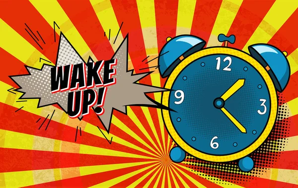 Comic alarm clock. Pop art colorful and dynamic cartoonish icon in retro style. Vector bright cartoon object with halftone dots shadow and expression wake up in speech bubble — Stockový vektor