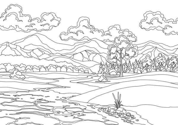 Landschap met rivier stroomt door heuvels, schilderachtige velden, bos en bergen. Prachtige scène met rivieroever, riet riet, groene heuvel, boom en wolken. Kleurplaat illustratie — Stockvector