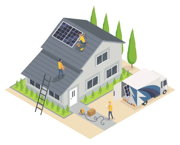太阳能电池安装。在屋顶安装太阳能电池的团队服务。聪明的家庭系统促进免费能源的生态节能概念 — 图库矢量图片