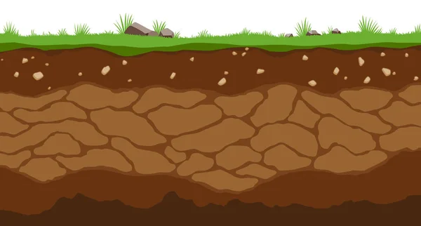 Horizontes superficiales de capas de suelo. Estructura terrestre con una mezcla de materia orgánica y piedras. Fondo paleontológico plano de dibujos animados. Geología ilustrativa — Archivo Imágenes Vectoriales