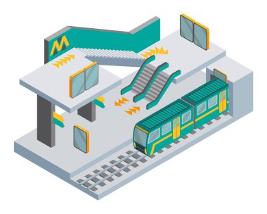 Isome metro istasyonu konsepti. Platform, tren, yürüyen merdiven ve danışma standı. Bekleme platformu. Yeraltı toplu taşıma, demiryolu aracı, şehir seyahati konsepti. Sancak vektör şablonu