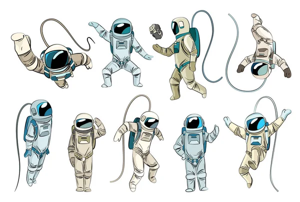 Bir grup astronot ya da uzay giysisi içindeki kozmonotlar ağırlıksız yüzüyorlar. Tişört izi tasarımı için el çizimi uzay araçları. Evreni keşfeden insanlar — Stok Vektör