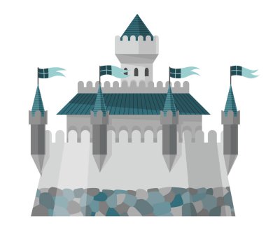 Ortaçağ krallığı kalesi ya da kraliyet kalesi. Orta Çağ 'ın peri masalı tarihi dönemi. Vektör oluşturma dış tasarım