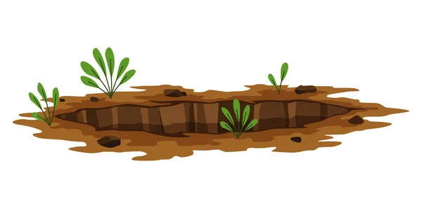 Hole ground. Entrance underground, big crack or ruin. Dirty, dark entrance, detailed drawing in cartoon style. Ground hole, deep pit with grass and stones. Cartoon den of wild animal — Stock Vector