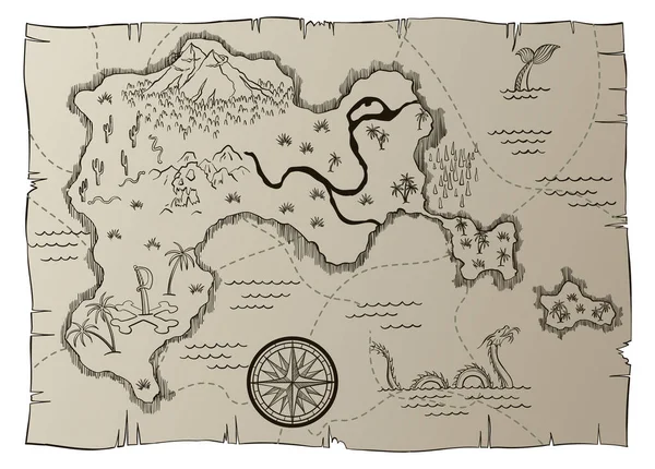 Αρχαίος χάρτης θησαυρού. Cartoon νησί πρότυπο χάρτη για το επόμενο επίπεδο παιχνίδι - περιπέτειες αναζήτηση ή κυνήγι θησαυρού. Pirate grunge χάρτης με windrose και δράκο. Χειροποίητη vintage διανυσματική απεικόνιση — Διανυσματικό Αρχείο
