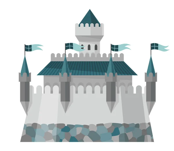 Castillo del reino medieval o fortaleza real. Edificio de cuento de hadas del período histórico de la Edad Media. Edificio vectorial diseño exterior — Vector de stock