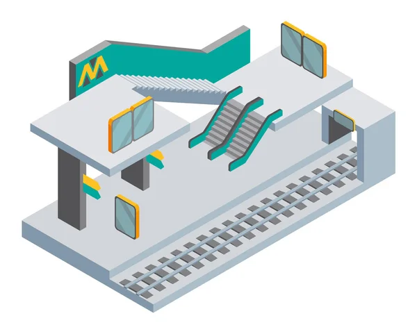 Isometrica concetto di stazione della metropolitana. Piattaforma, scala mobile e stand informativo. Piattaforma d'attesa vuota. Trasporti pubblici sotterranei, veicoli ferroviari, concetto di viaggio urbano. Modello vettoriale banner — Vettoriale Stock