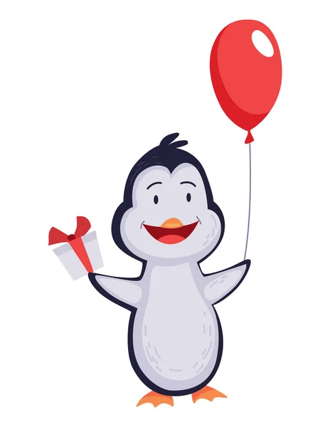 Cute pingwin stoi z pudełkiem prezentów i balonem. Zabawna postać rysunku w stylu kreskówki. Urocze dzikie zwierzę — Wektor stockowy
