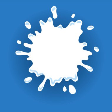 Damlaları ve damlaları olan süt etiketi. Yaratıcı paketin süt rozeti. Sıvı amip şekli. Vektör tasarımı süt sembolü. Metin için yeri olan arkaplan