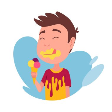 Çocuk kahvaltı yapıyor ya da öğle yemeği yiyor. Dondurma yiyen çocuk. Çocuklar yemeklerden hoşlanır. Beslenme alışkanlıkları