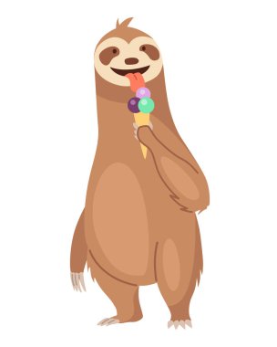 Dondurma yiyen tembel bir karakter. Tatlı çizgi film, tembel ayı karakteri. Komik tembel hayvan, el çizimi sanat illüstrasyonu. Orman yağmur ormanları tembelliği. Tropikal memeli ya da sevimli tembel hayvan