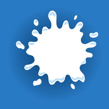 Damlaları ve damlaları olan süt etiketi. Yaratıcı paketin süt rozeti. Sıvı amip şekli. Vektör tasarımı süt sembolü. Metin için yeri olan arkaplan