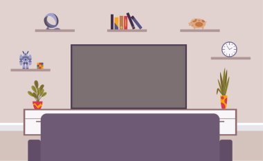 Oturma odasında televizyon izlemek. Kanepenin arkası. Televizyon, yayın, eğlence konseptleri için vektör illüstrasyonu. Karantinada zaman geçirmek