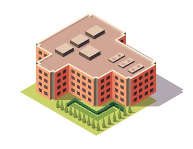 Ofisler izometrik. Mimarlık, iş merkezinin ön cephesi. Bilgi elemanı. Mimari vektör 3d illüstrasyon