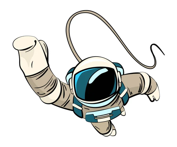 Astronauta o cosmonauta in tuta spaziale che galleggia senza peso. Spaziatore disegnato a mano per il design della t-shirt. Persone che esplorano universo — Vettoriale Stock