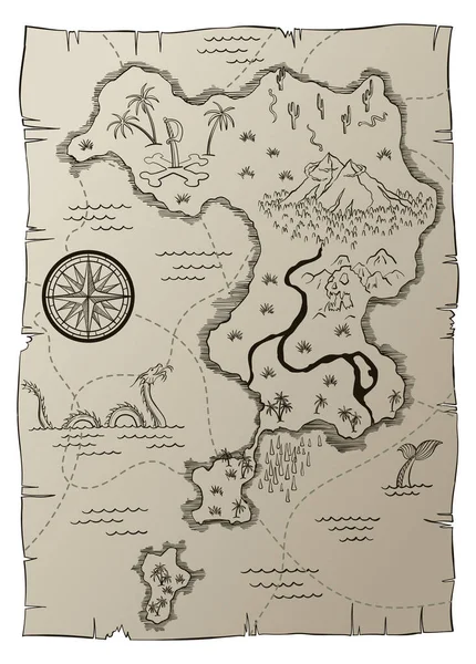 アンティークの宝の地図。次のレベルのゲームのための漫画の島の地図テンプレート-冒険クエストや宝探し。ウィンドローズとドラゴンと海賊グランジマップ。手描きヴィンテージベクトルイラスト — ストックベクタ