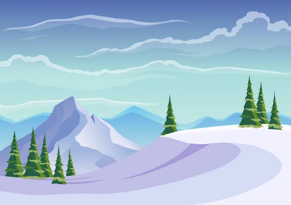 スキー場の風景。前景には雪と松林が広がる青い山の冬の雪景色。山の峰と旅の背景 — ストックベクタ