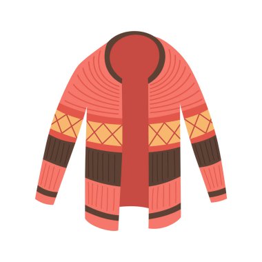 Beyaz arka planda yünlü cekette kışın örülmüş giysiler. Örgü hobisi. El işi hobisi, soğuk hava için moda kıyafetleri.