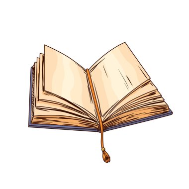 Yer imli eski ve açık bir kitap. Eğitim ve bilgelik simgesi. Eğitim ve edebiyat teması tasarımı için vektör yanılsaması. Antika kütüphane tasarım ögesi