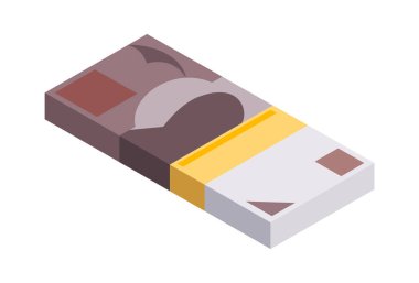 Isometric para yığını. Para birimi ya da nakit ikonu. Bir tomar banknot. Bir yığın nakit sembolü. Beyaz arkaplanda izole edilmiş faturalar