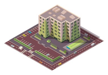 Vektör izometrik yüksek bina ve park yeri olan sokak elemanları. Şehir ya da kasaba haritası yapım elemanı. Simge çok katlı binayı temsil ediyor. Evler, evler veya ofisler