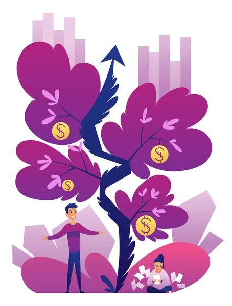 投資の概念図。資本は収入、投資からの使用料を得る。鮮やかな紫色のベクトル。収入と収入の比喩 — ストックベクタ
