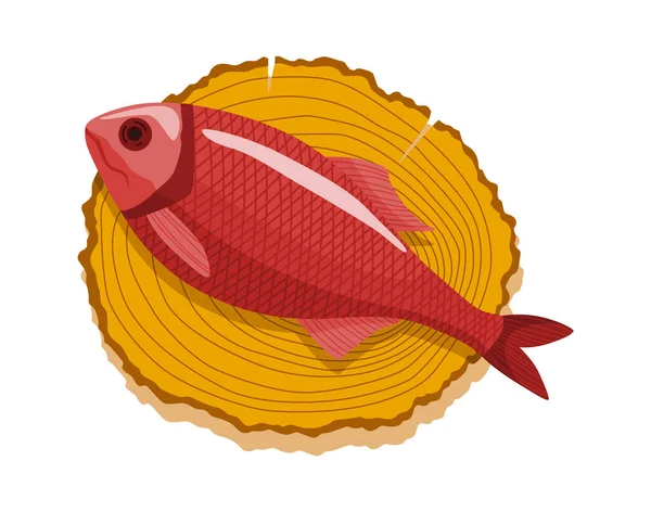 Ikan di papan kayu. Pemotongan dapur dengan daging sehat. Foodstuff dalam gaya kartun. Konsep organik liar sungai atau makanan laut - Stok Vektor