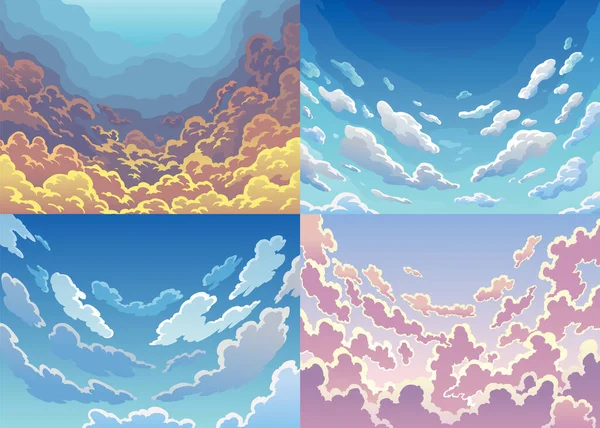 Definir nuvens do céu de noite. Cenários realistas em cores pastel suaves. Paisagens da manhã com nuvens e céu gradiente, céus coloridos fundos —  Vetores de Stock