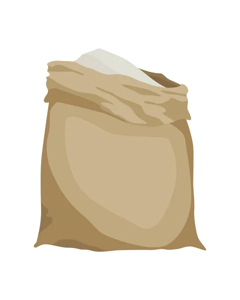 Bolsa de arpillera para harina, arroz o sal. Producción agrícola en paca textil marrón, abierta con producto interior. Icono de vector de dibujos animados aislado sobre fondo blanco — Vector de stock