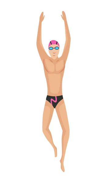 Mayolu, şapkalı ve gözlüklü yüzücü karakteri. Hareket halindeki insanlar ya da meşgul su sporları. Çizgi film tarzında renkli vektör çizimi beyaz arkaplanda izole edildi — Stok Vektör
