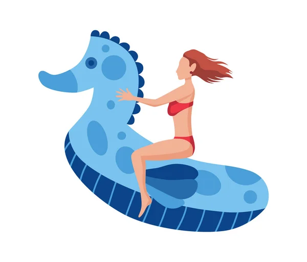 Frau schwebt auf Luftmatratze. Lustiger weiblicher Charakter. Junge Dame schwimmt auf aufblasbarem Ring in Form eines Seepferdchens. Sommerflache Cartoon-Illustration — Stockvektor