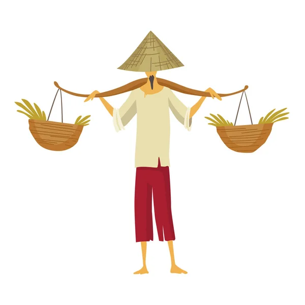 Asijský farmář se slaměným kuželem. Asijská kultura venkova. Čínský farmář nesoucí na ramenou sklizeň rýže. Vektorová kreslená ilustrace — Stockový vektor
