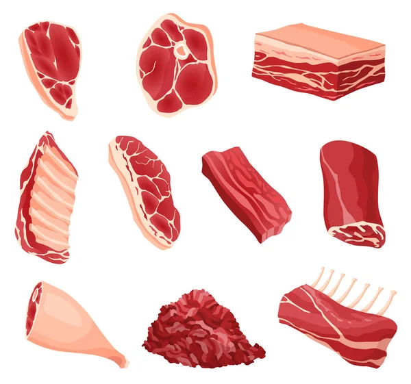 Produkty mięsne i surowe mięso. Ilustracja produktu koncepcyjnego rynku rolnego lub sklepu. Różne rodzaje mięsa. Ikony produktów z kreskówek — Wektor stockowy