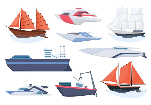 Zbiór statków. Żaglówki morskie przewozu wody i transportu morskiego w nowoczesnym stylu płaskim. Ikony pojedynczego transportu statków rybackich i łodzi wodnych — Wektor stockowy