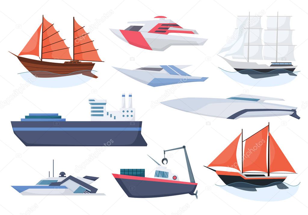 Collection of ships. Sea sailboats of water carriage and maritime transport in modern flat style. Fishing ship and water speedboats isolated transport icons