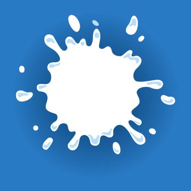 Damlaları ve damlaları olan süt etiketi. Yaratıcı paketin süt rozeti. Sıvı amip şekli. Vektör tasarımı süt sembolü. Metin için yeri olan arkaplan