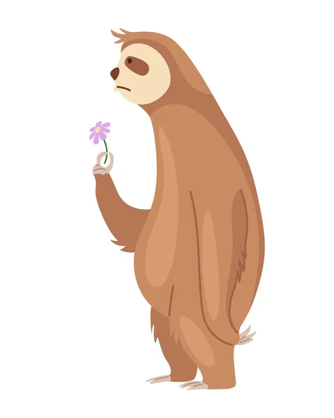 Sloth character sad conceived and with a flower. Cute cartoon sloth-bear character. Funny lazy animal, hand drawn clip art illustration. Jungle rainforest sloth. Tropical mammal or adorable sloth — Stock Vector