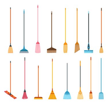 Süpürge paspas simgeleri. Hijyen işleme ekipmanları beyaz arkaplanda izole edilmiş resim, ev paspası ve ev işi süpürge araçları nesneleri
