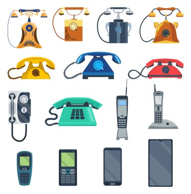 Telefonun evrimi. Klasik telefondan modern akıllı telefona iletişim cihazları. Eski antika analog teknoloji, radyo ve cep telefonu. Farklı nesillerin özellikleri