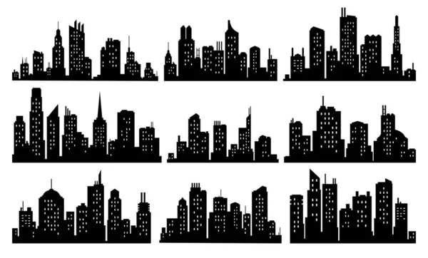 Colección de siluetas de ciudad vectorial. Paisajes urbanos modernos. Edificios altos con ventanas. Ilustración sobre fondo blanco — Vector de stock