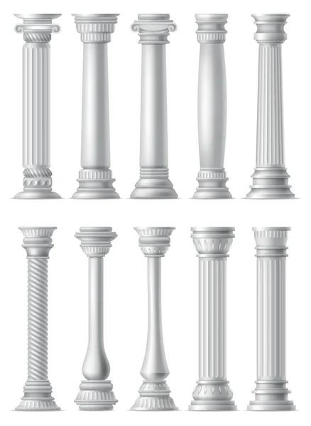 Antique columns, realistic icon set. Classic stone pillars of roman or greece architecture with twisted and groove ornament for facade design — Stock Vector