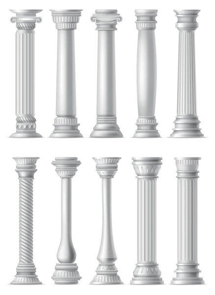 Antique columns, realistic icon set. Classic stone pillars of roman or greece architecture with twisted and groove ornament for facade design