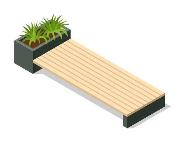 Isometrische bankje icoon. Eco straatzitplaatsen. Modern design element met bloembed in stadspark. Plaats voor rust, ontspanning en picknick of ontmoeting met vrienden — Stockvector