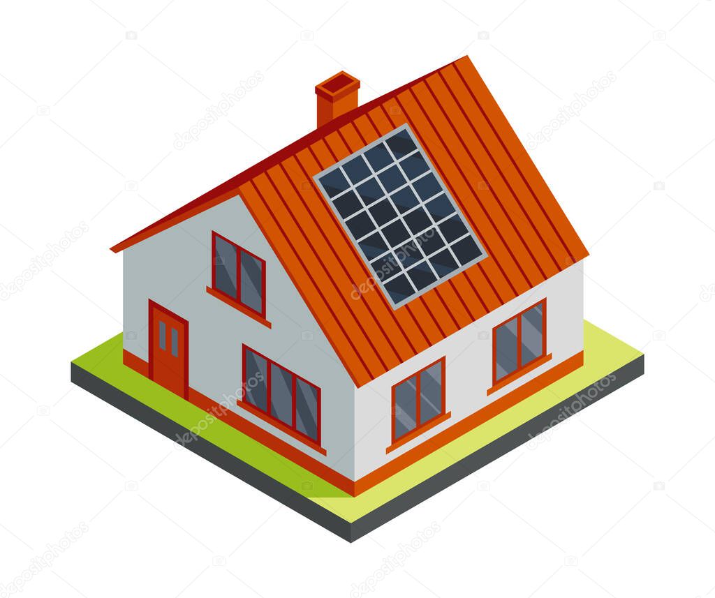 Energy power grid isometric. Power distribution element with family house. Electric transmission network providing energy supply. Solar energy
