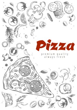 Pizza hattı afişi. Kabartmalı karalama arkaplanı. Soslu pizza reklamları. Kafe, restoran veya yemek dağıtım servisi için lezzetli vektör pankartı