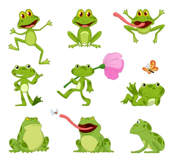 Colección divertida rana de dibujos animados. Pequeños personajes anfibios sentados y saltando sobre fondo blanco. Adorables ranas sonriendo y atrapando mosca con lengua — Archivo Imágenes Vectoriales
