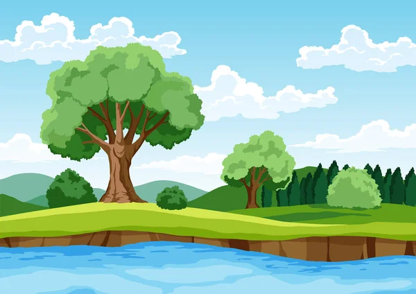 Natur med flod som rinner genom gräsmattan. Vacker scen med flodstrand, blått vatten, grönt gräs träd och moln på himlen. Lugnt landskap — Stock vektor