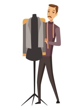 Terziyim. Erkek terzilik, ölçü ve dikiş müşterileri için. Kıyafet tasarımcılığı, terzilik, vektör çizimi. Özel giysi ve aksesuarlar